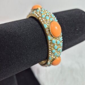 Vintage‎ Gold Tone Orange Turquoise Cabochon Rhinestone Hinged Bangle Bracelet